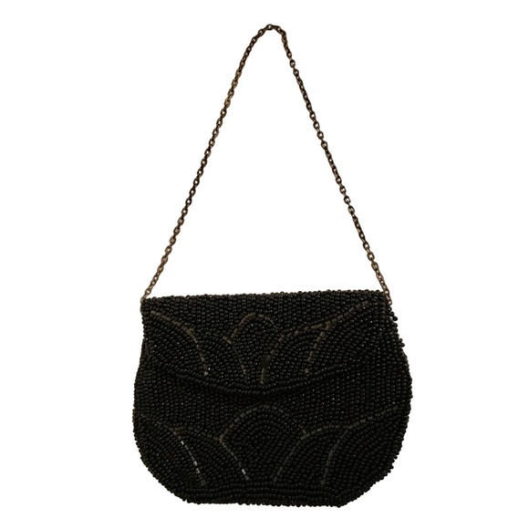 Vintage Beaded Wristlet Black Snap Closure and Silk Lining - Picture 1 of 4